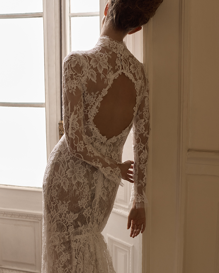 Francesca Miranda lirio long sleeves back view exclusive wedding gowns bay area