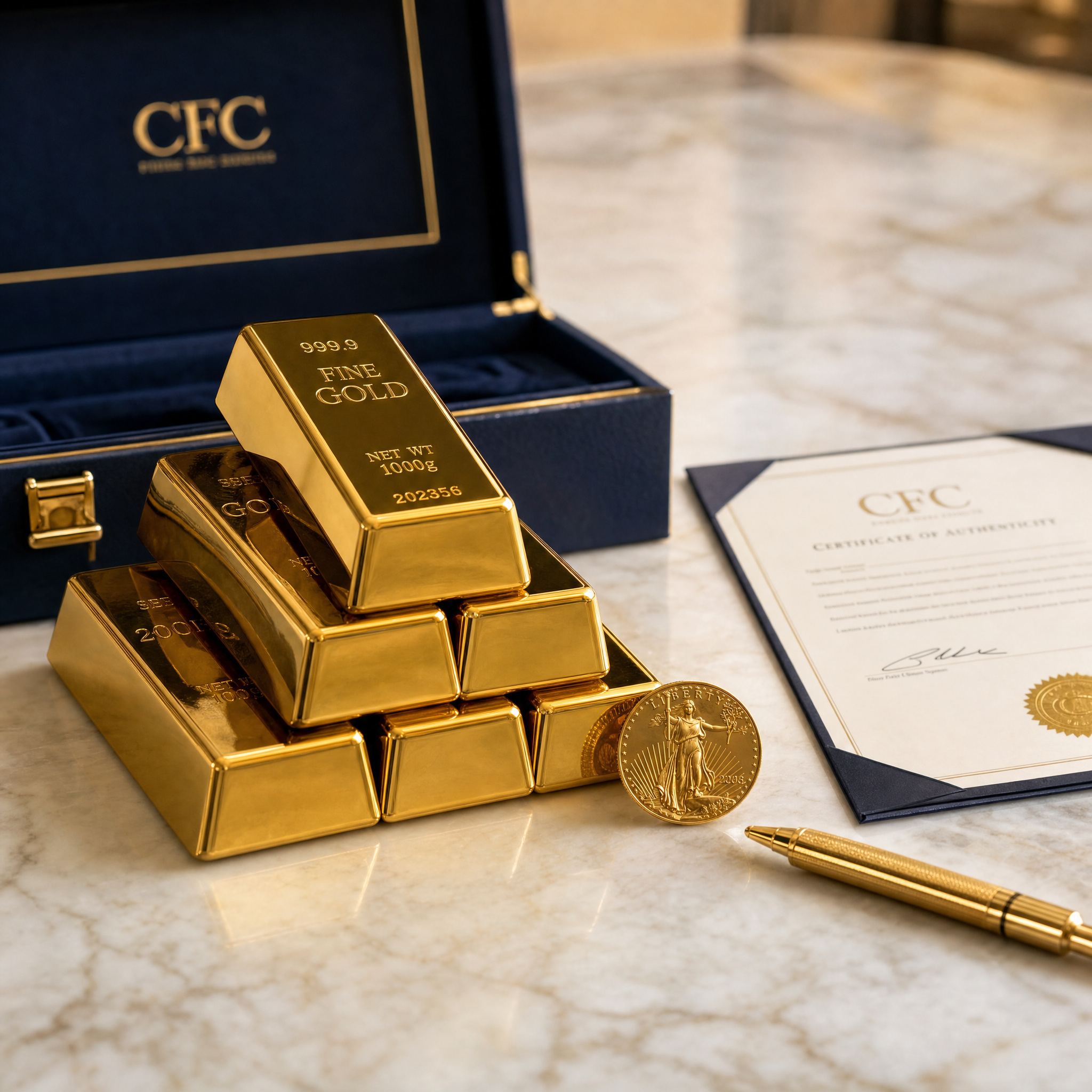 999.9 Fine Gold bars stacked on marble with CFC certificate of authenticity