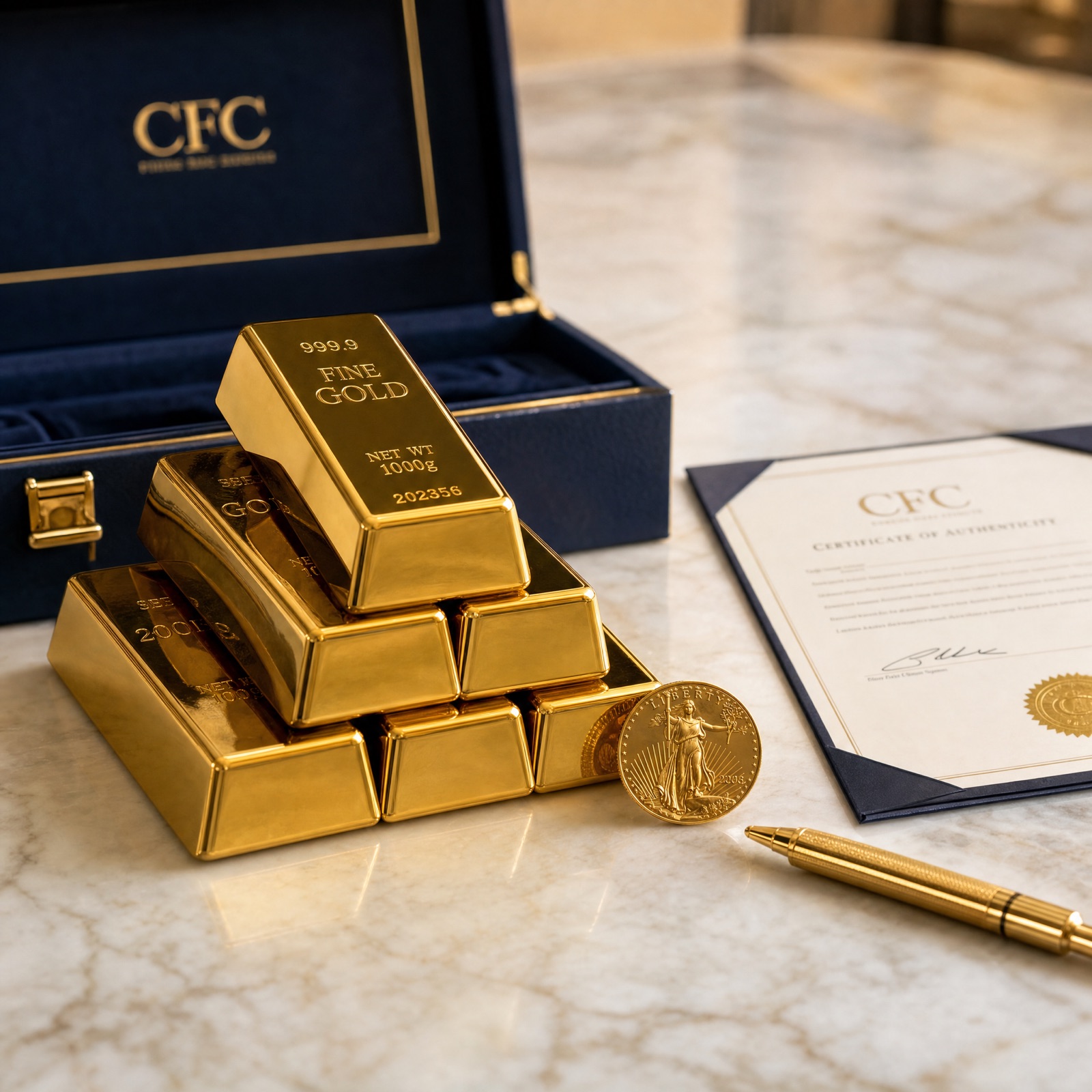 999.9 Fine Gold bars stacked on marble with CFC certificate of authenticity
