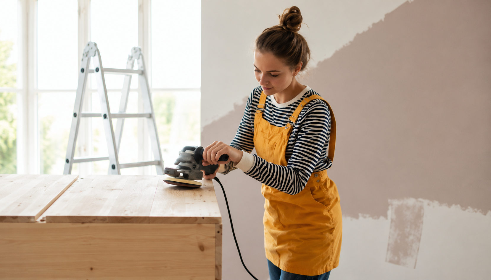 Woman in yellow overalls sanding timber