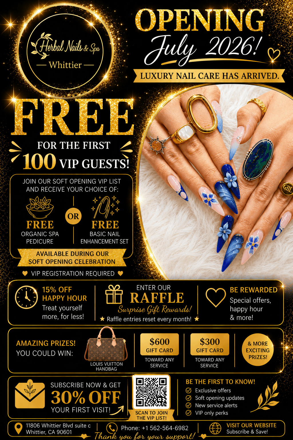 Herbal Nails & Spa Whittier, Free 100 Manicure and Pedicure Soft Opening Giveaway flyer