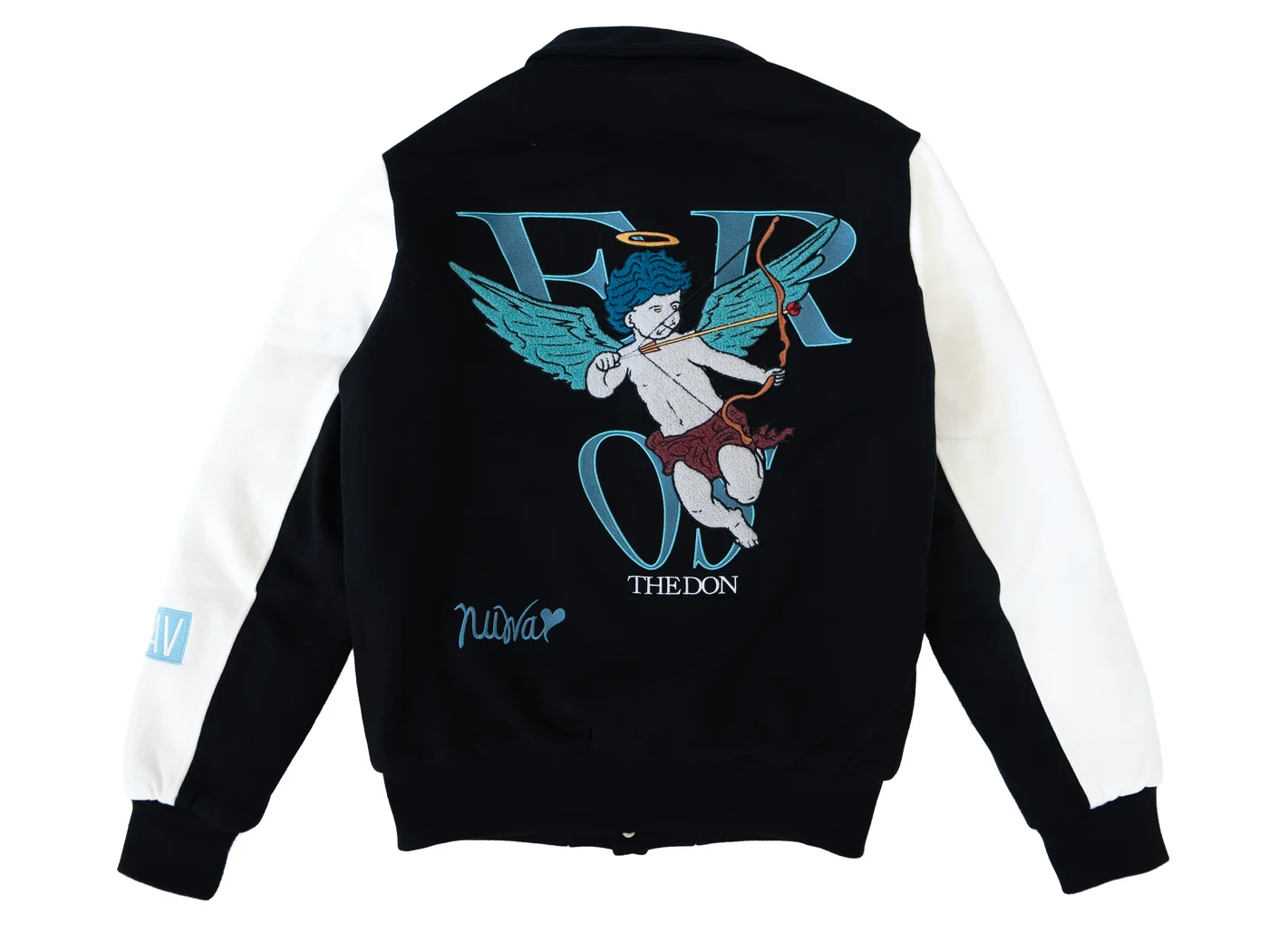 High Current Varsity Jacket, back view with Eros embroidery