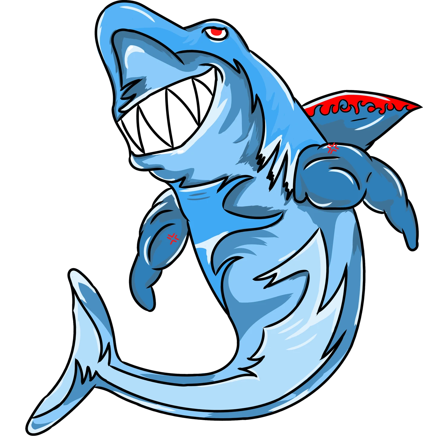 The NuWav shark: a muscular blue shark with a wide grin and red eye
