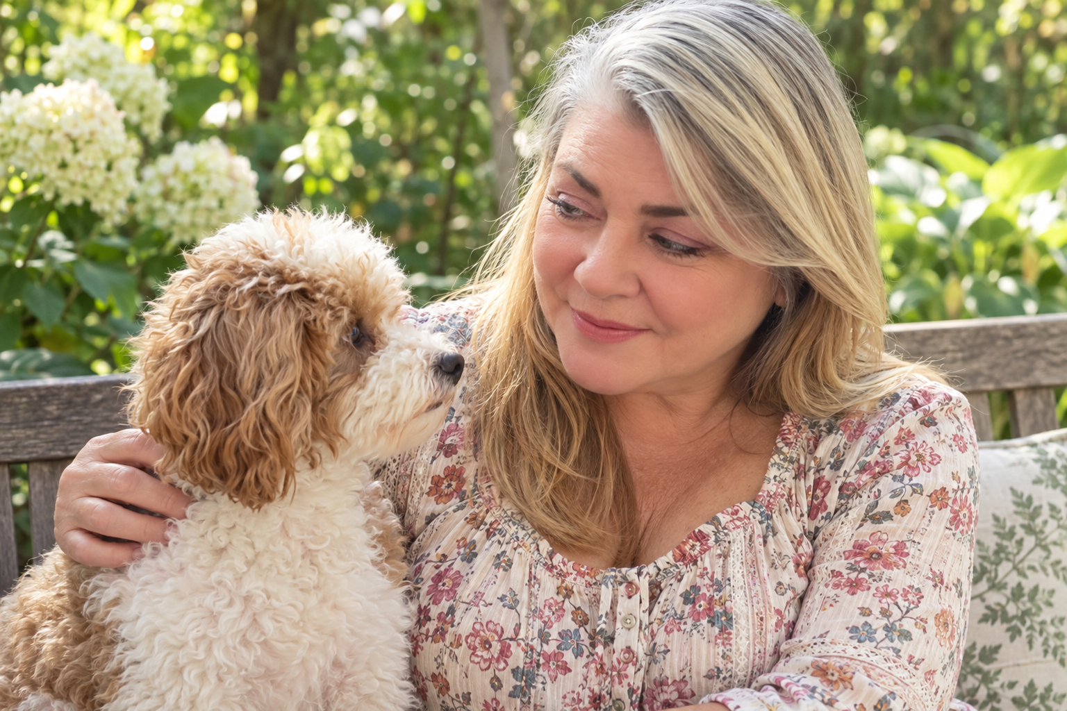 Brand illustration of Elisabeth with a small dog in a garden