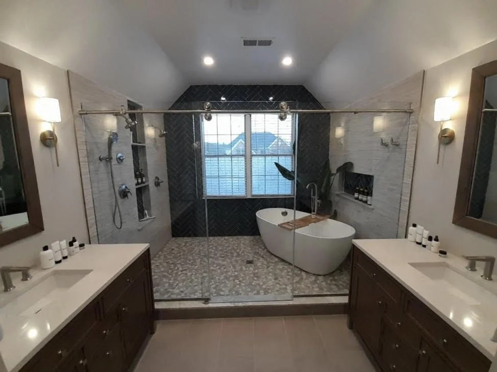Shower enclosure with barn style sliding glass door