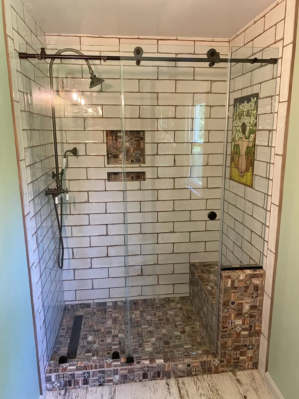 Pipeline barn door style sliding glass shower door