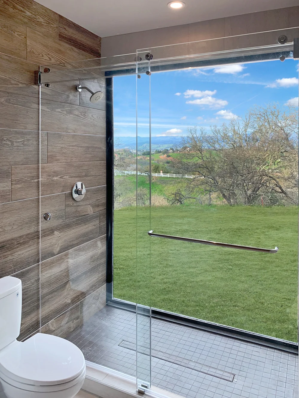 Barn door style door with fixed panel and towel bar