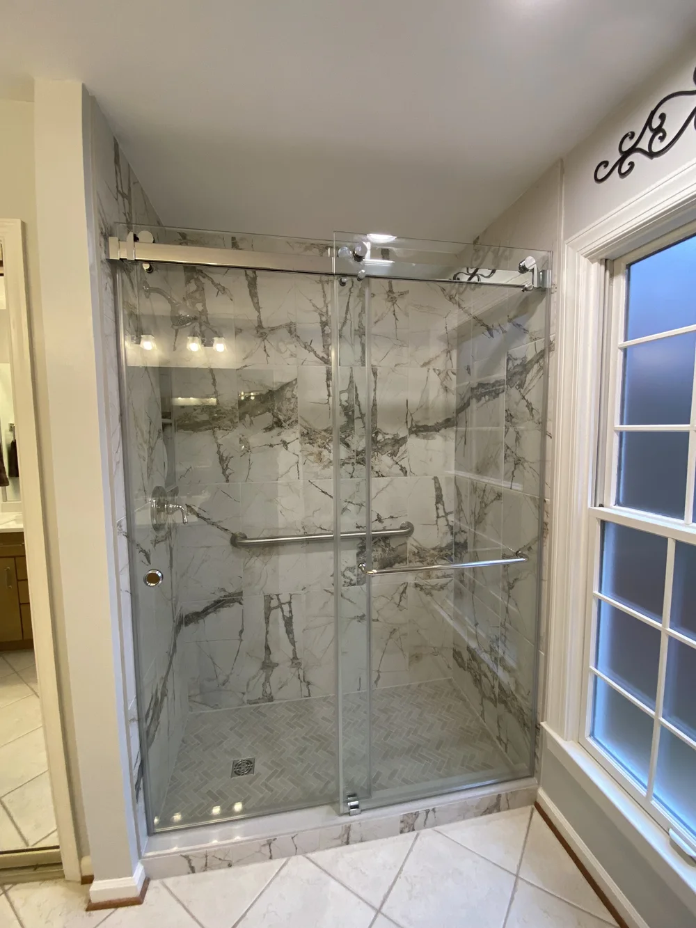 Barn door style door with Chrome hardware