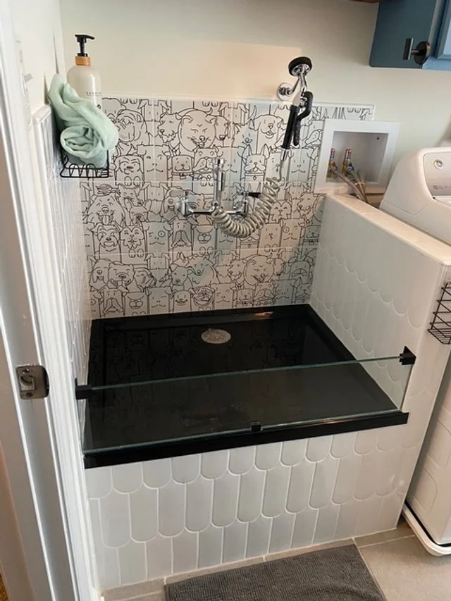 Dog wash station with splash guard panel