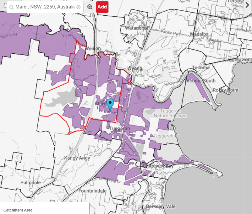 Indicative Australia Post distribution map for Tuggerah and Mardi
