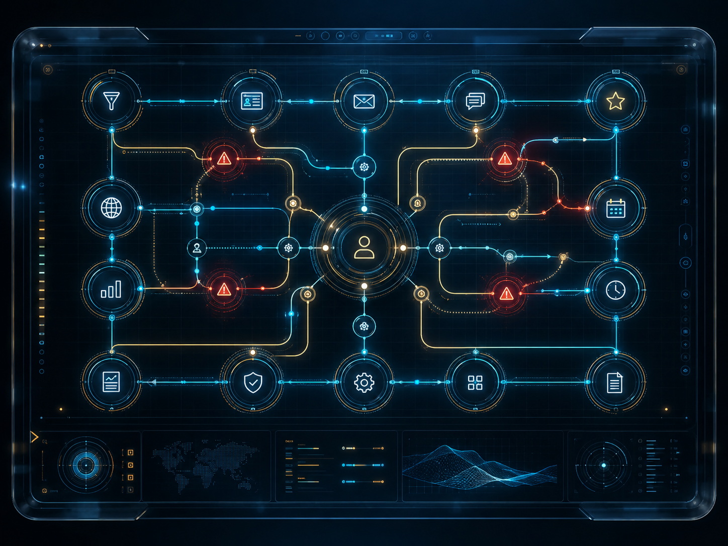 Systems leak scan map highlighting disconnected intake, follow-up, and visibility points