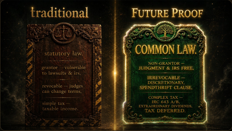 Traditional planning and Common Law Trust education compared side by side as two architectures — statutory estate tools on one side, common-law governance questions on the other.
