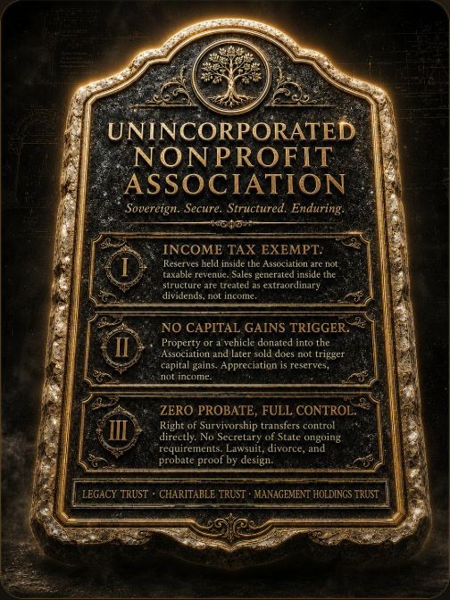 The UNA framework presented on a governance tablet: mission, membership, articles of association, officers, records, property stewardship, and continuity.