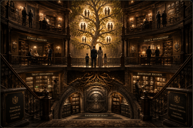 A warm family chamber: parents and grandparents with children beneath the Tree of Life, surrounded by family records and trust documents — Who We Think About, the generations who come next.