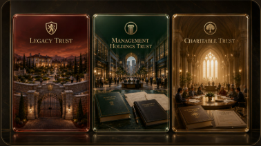 Three Trusts, One Legacy: the Legacy Trust wall (Protect, Preserve, Provide), the Management Holdings Trust marketplace (Organize, Manage, Multiply), and the Charitable Trust cathedral (Impact, Uplift, Legacy).