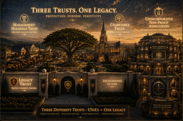 The People's Trusts legacy estate: three trusts — Management Holdings Trust above the marketplace, Charitable Trust above the cathedral, Legacy Trust above the Tree of Life — joined with the Unincorporated Non-Profit Association bank behind the estate wall, over the banner For Generations to Come.
