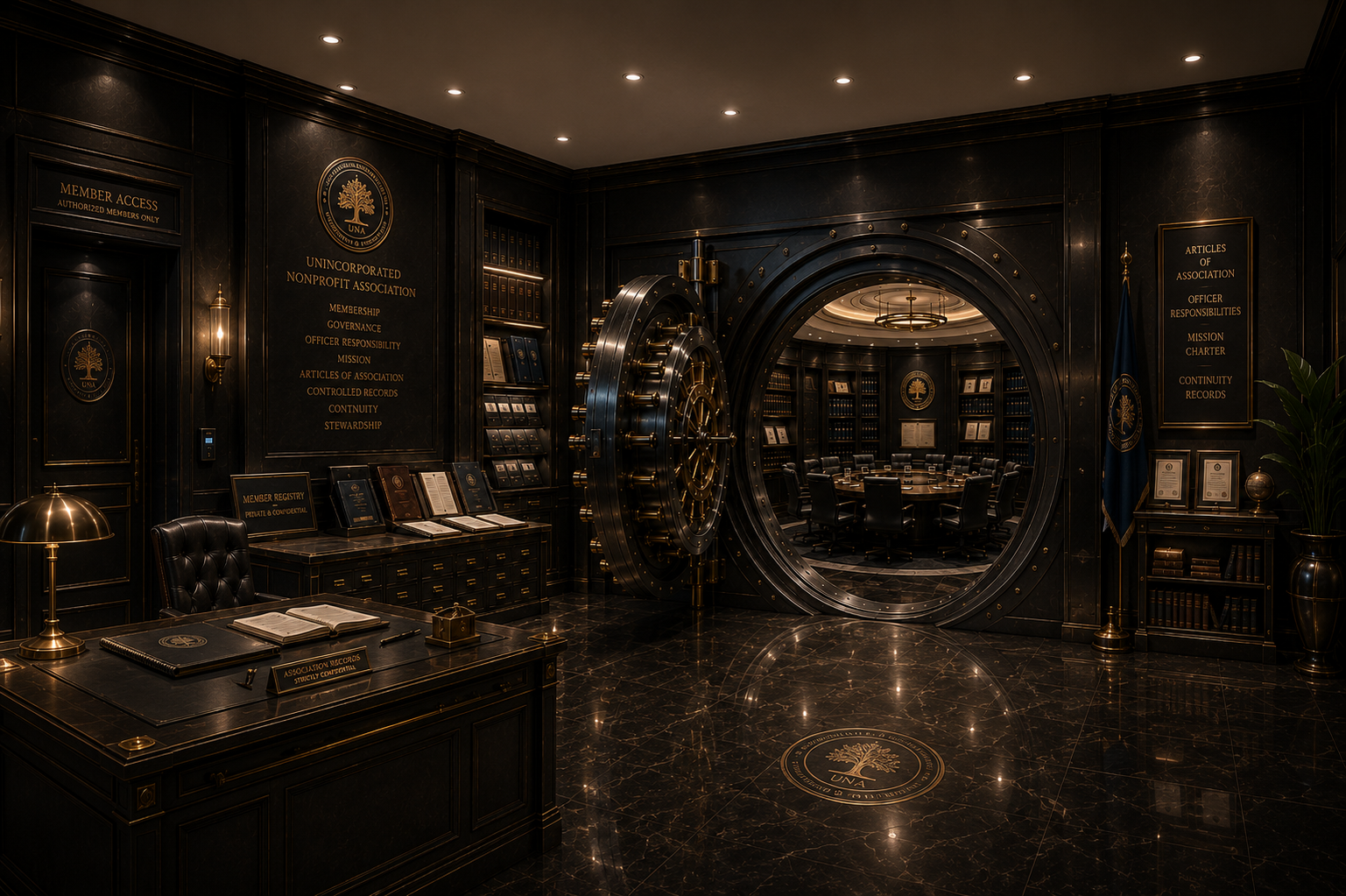 The Unincorporated Non-Profit Association vault: an open vault door revealing a governed chamber — mission, membership, articles of association, records, and property stewardship — under the UNA seal.