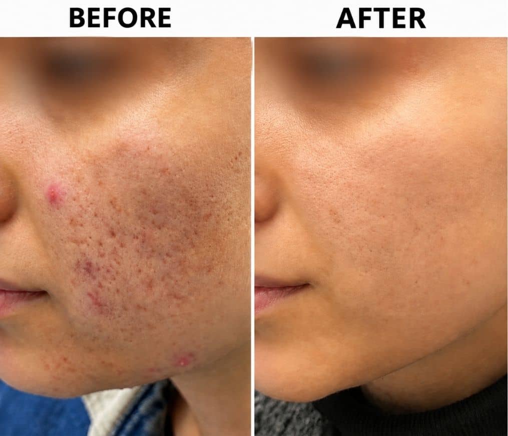 A close view of one cheek before RF microneedling on the left and after on the right, the acne scarring and red marks visibly reduced, each half labelled in the photograph