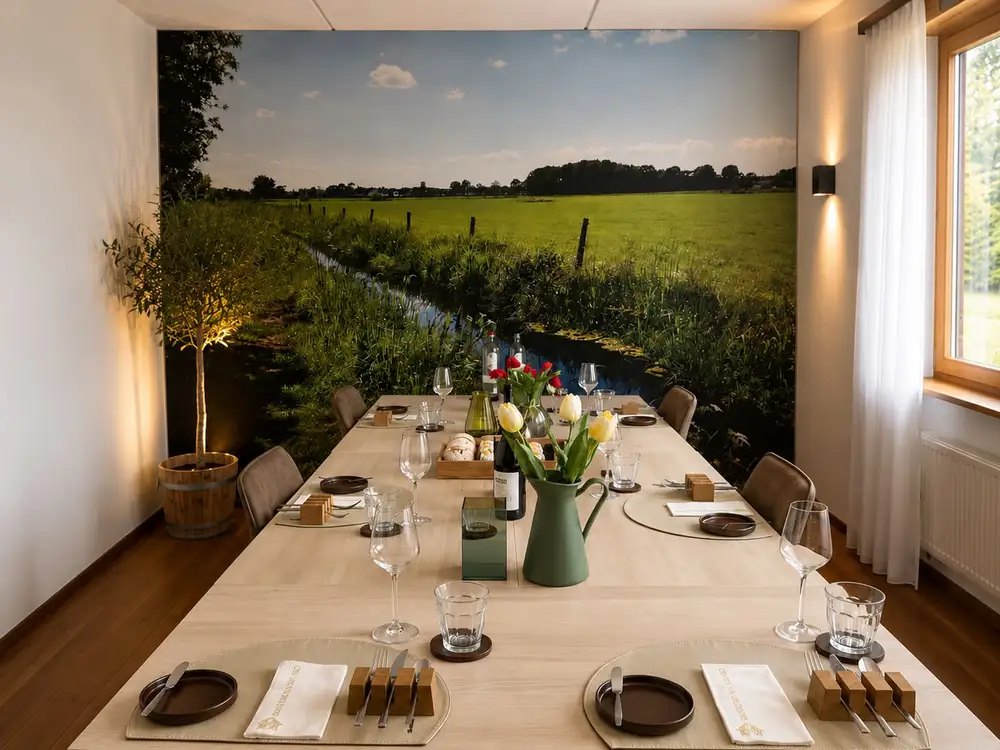 Hotelkamer van Hotel Inn Salland ingericht als vergaderruimte met een Wisseldoek van een boerenveld
