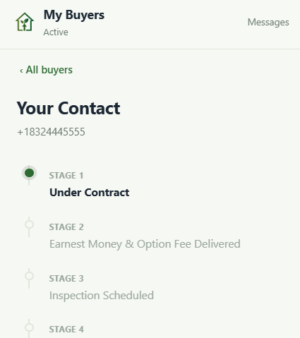 The GrowHubRE buyer view, showing a client moving through the stages of a transaction