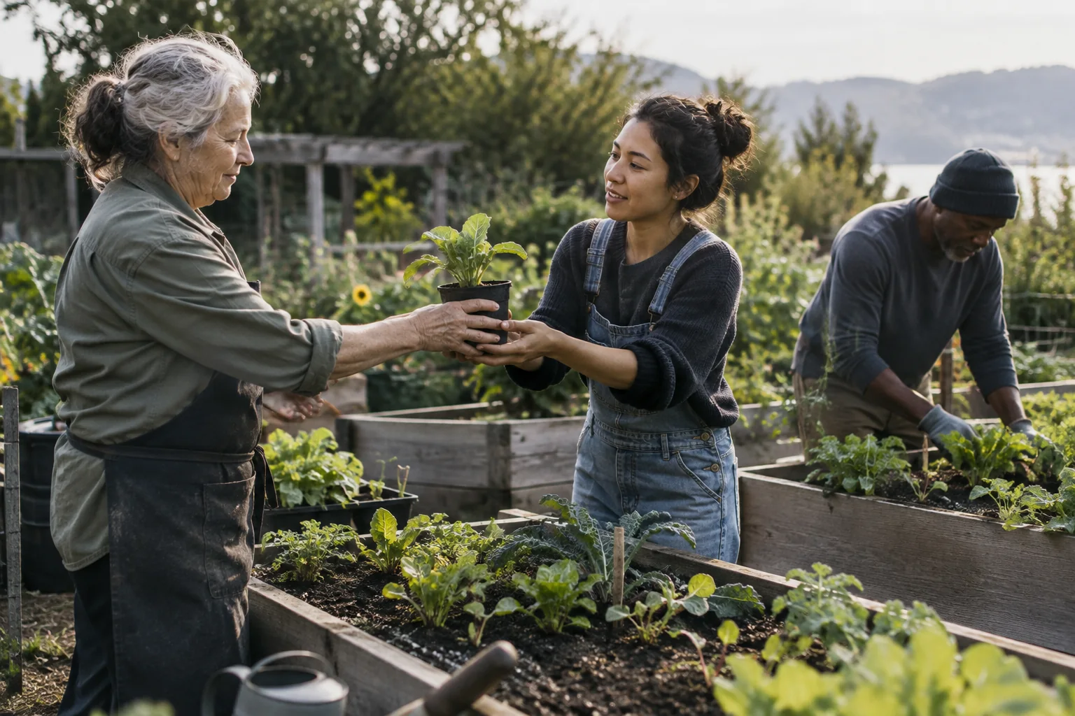People from different generations tending a shared garden.