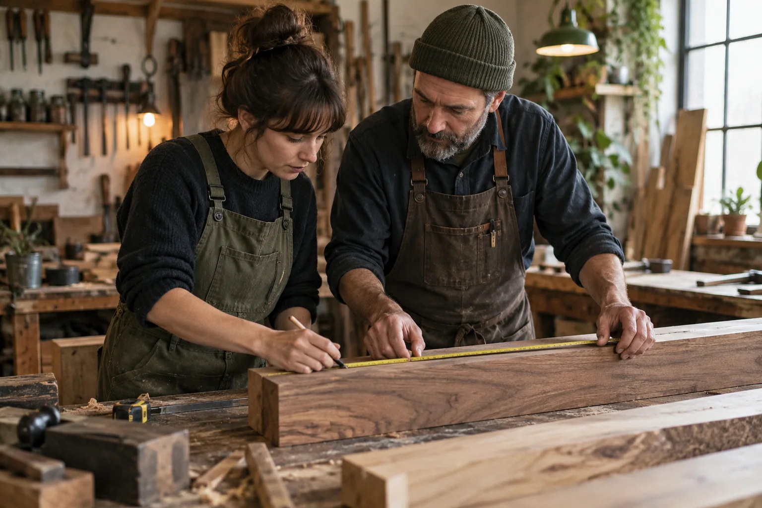 An experienced craftsperson teaching a younger adult at a workbench.