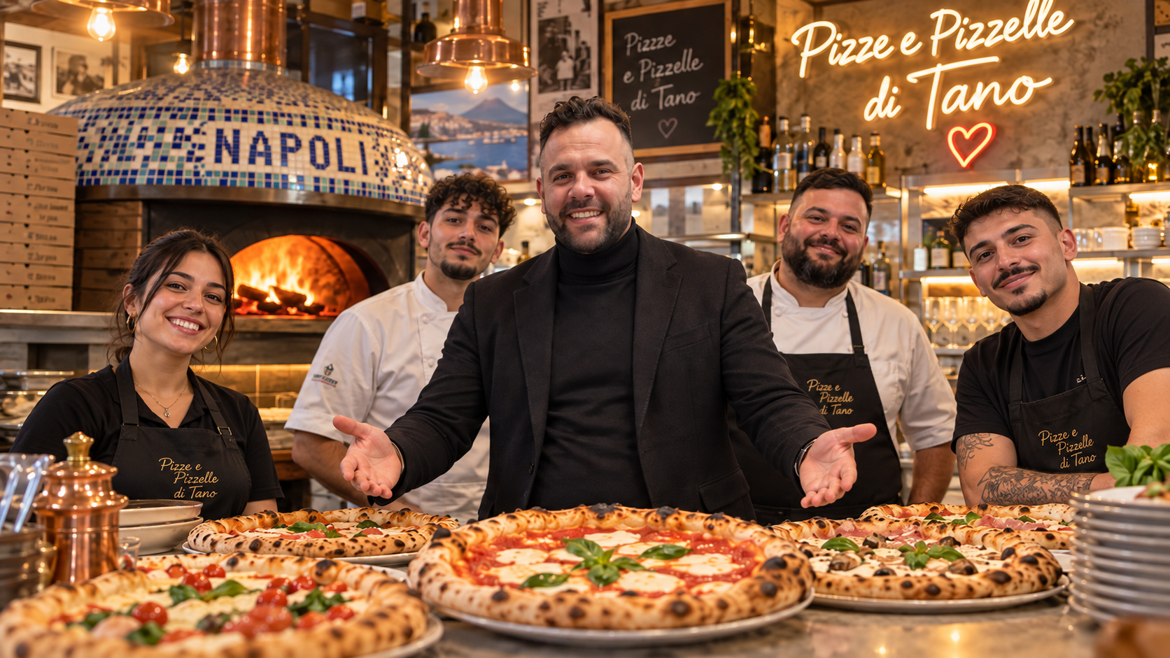 Tano e la sua squadra con la pizza napoletana nella pizzeria da asporto al Vomero, Napoli
