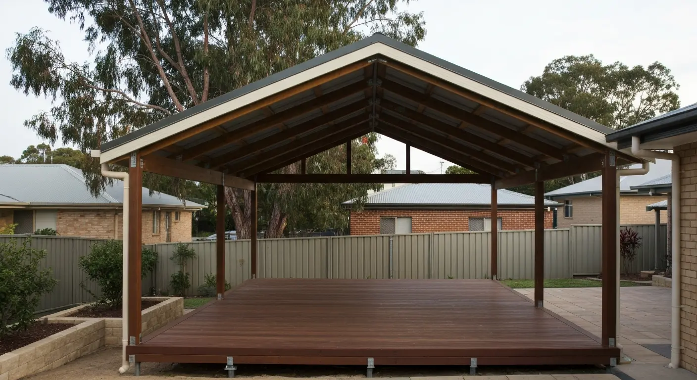 Covered deck structure with pitched roof