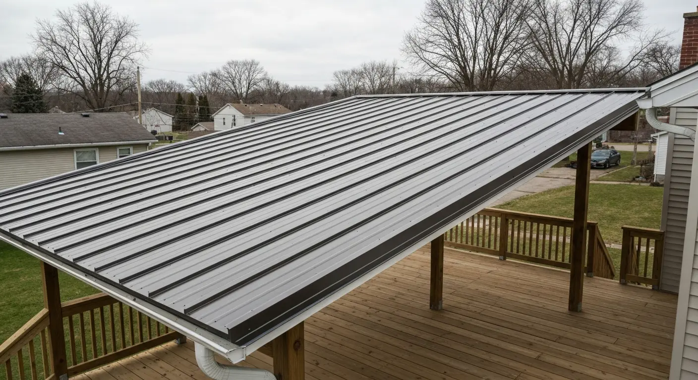 Covered deck installation with metal roof