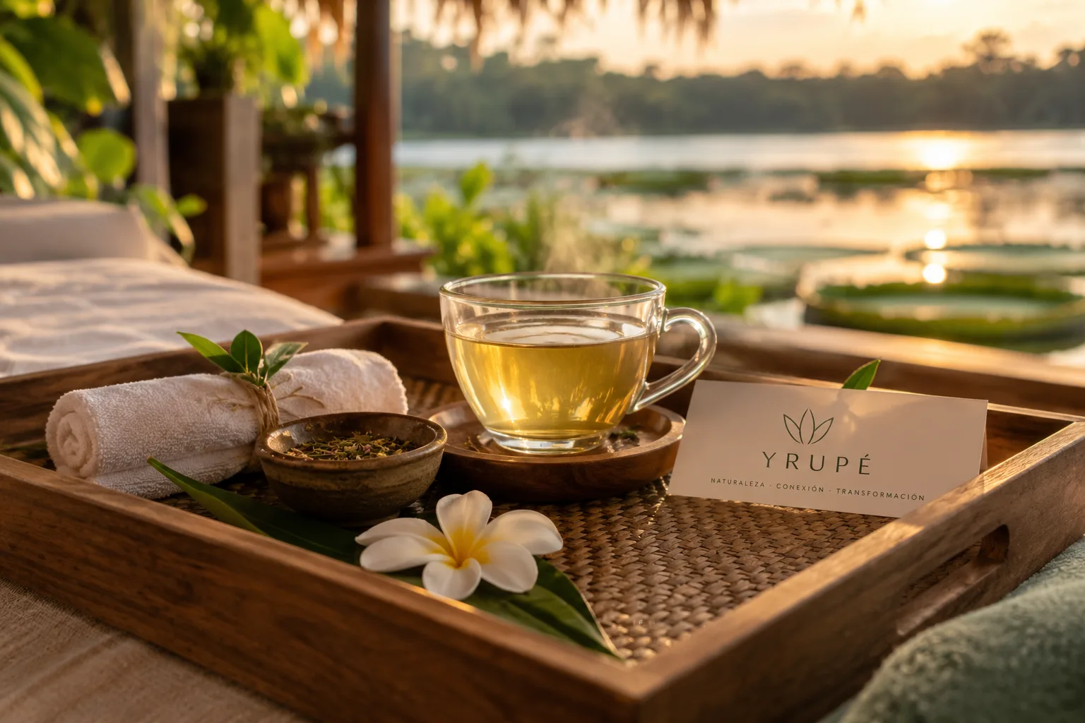 Bandeja de bienvenida de YRUPÉ con infusión, toalla y flor junto al lago
