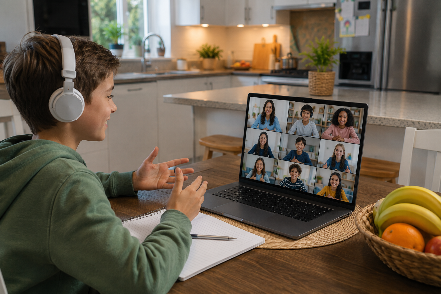 Virtual classroom students playing letter-based improv language activity to practice vocabulary