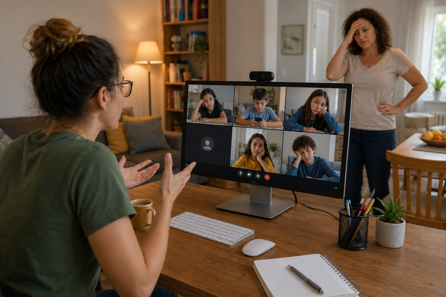 Virtual classroom tutor struggling with disengaged students showing blank screens on Zoom