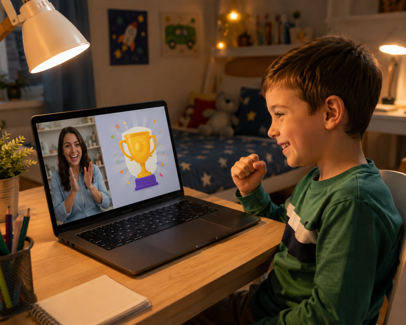 Child celebrates online learning achievement with enthusiastic teacher Child celebrates online learning achievement with enthusiastic teacher