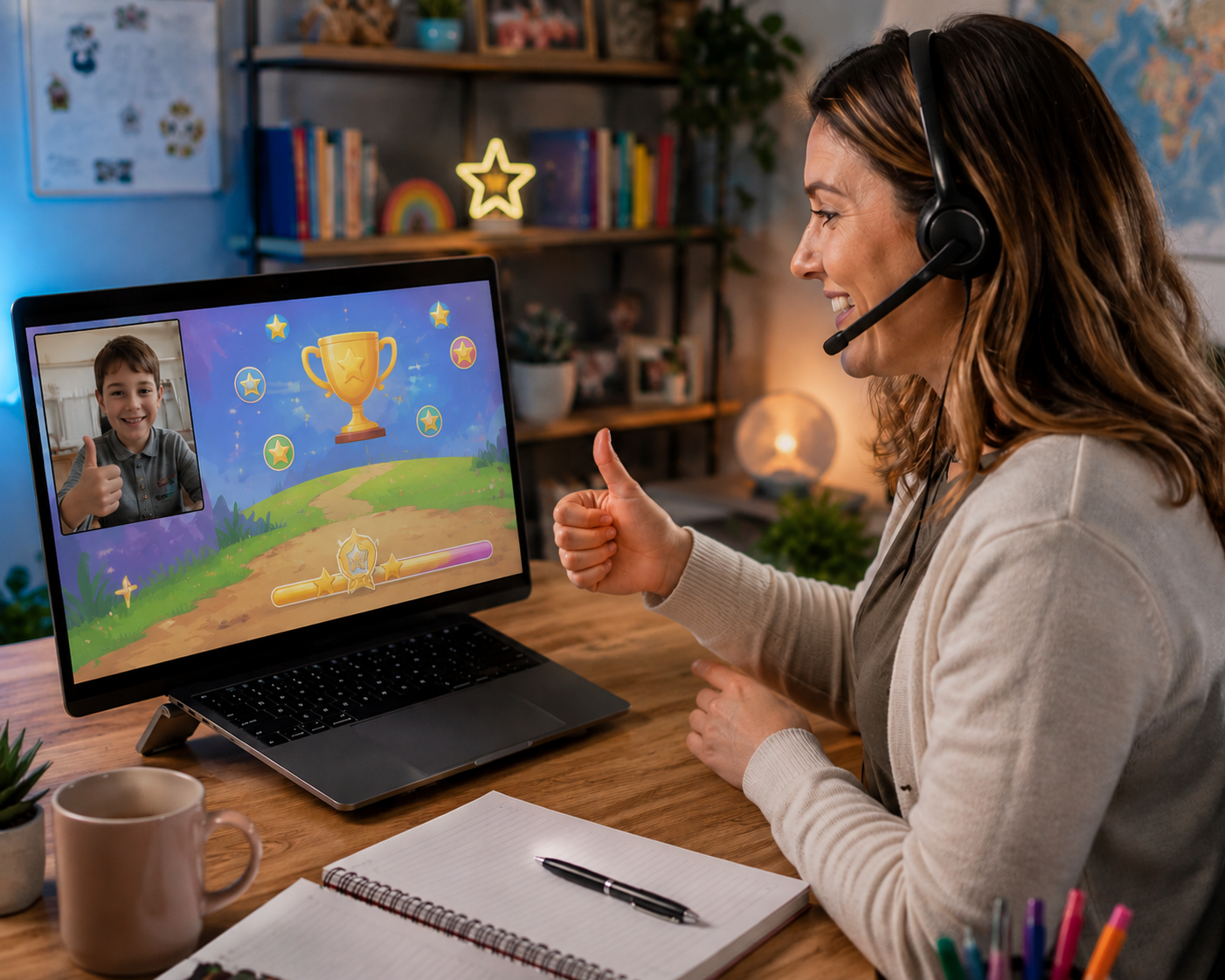 Smiling student participating confidently in online tutoring session using gamified platform