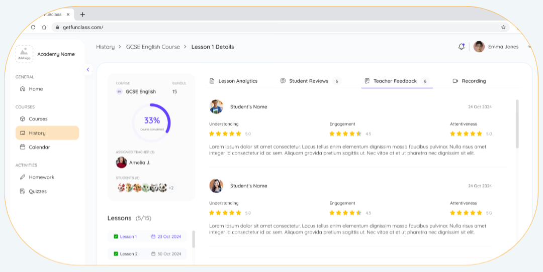 Funclass dashboard showing advanced analytics like webcam usage, student talk time, and tutor feedback