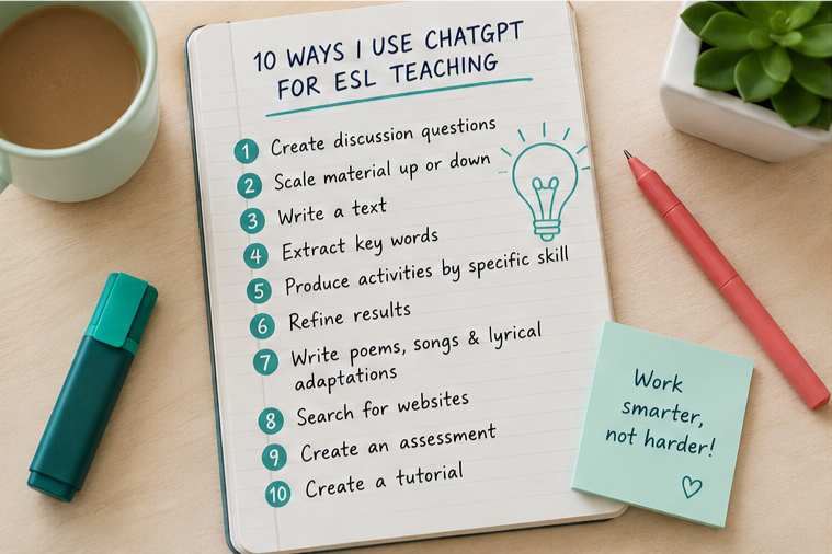 Teacher using ChatGPT to create an ESL lesson plan, discussion questions, classroom activities, and assessments for online English teaching.
