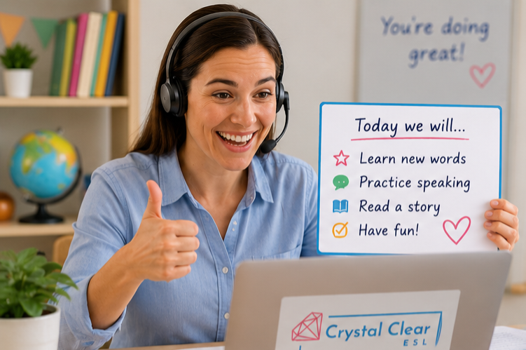 Friendly online English teacher delivering an engaging virtual ESL lesson in a clean, professional home classroom.