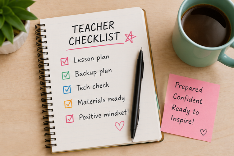 Notebook with an online ESL teacher preparation checklist including lesson planning, technology checks, and backup plans.