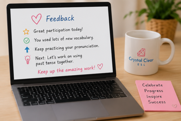 Laptop displaying positive student feedback and learning progress after an online ESL lesson.