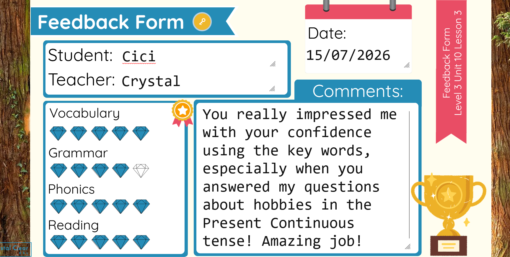 Example student feedback using Crystal Clear ESL's form, built into every digital lesson plan