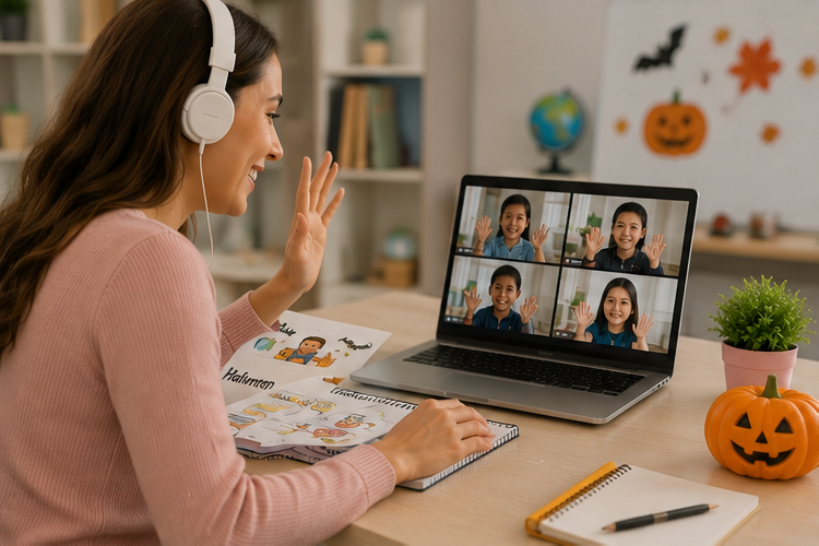 Online English teacher leading a small virtual group lesson with engaged ESL students in an interactive classroom.