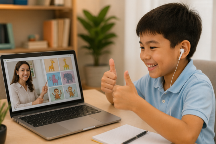 Happy ESL student participating in an engaging online English lesson using interactive digital learning materials.