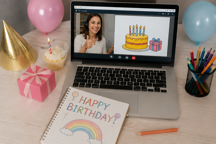 Online ESL birthday celebration lesson with interactive digital teaching materials and virtual classroom activities.