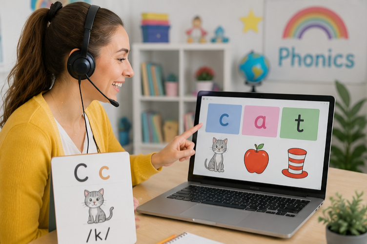 Online ESL teacher teaching phonics to a young learner using interactive digital phonics lessons in a virtual classroom.