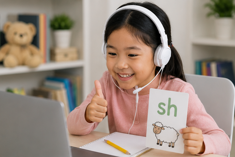 Young ESL student practising English phonics sounds with interactive digital flashcards during an online lesson.