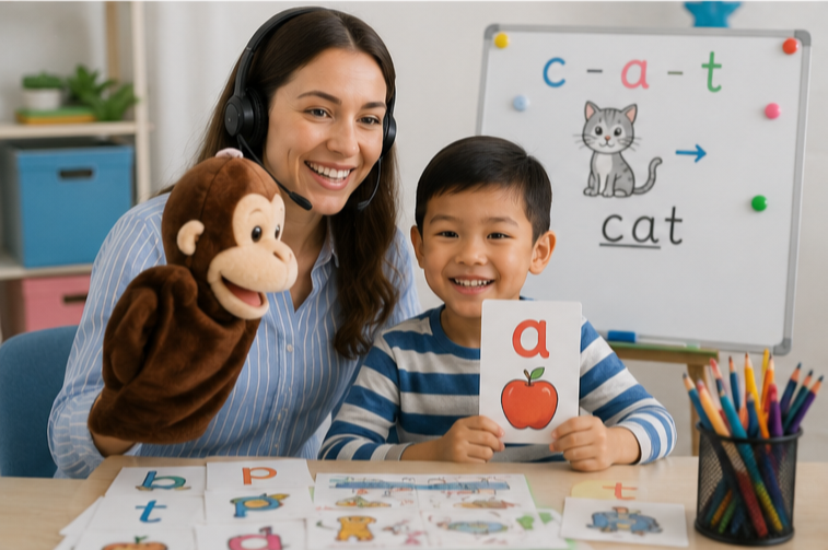 Online English teacher using puppets, phonics flashcards and interactive activities to teach young ESL learners.