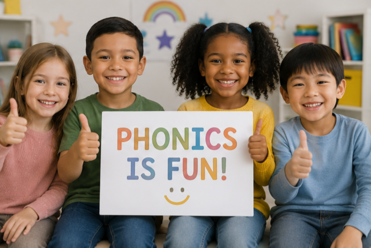 Happy young English language learners celebrating success after completing an interactive online phonics lesson.