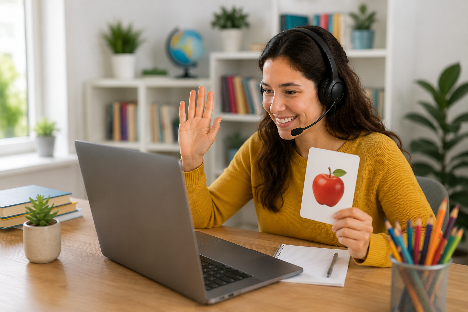 Online ESL teacher delivering an interactive English lesson using a modern virtual classroom platform and digital teaching resources. Online ESL teacher delivering an interactive English lesson using a modern virtual classroom platform and digital teaching resources.