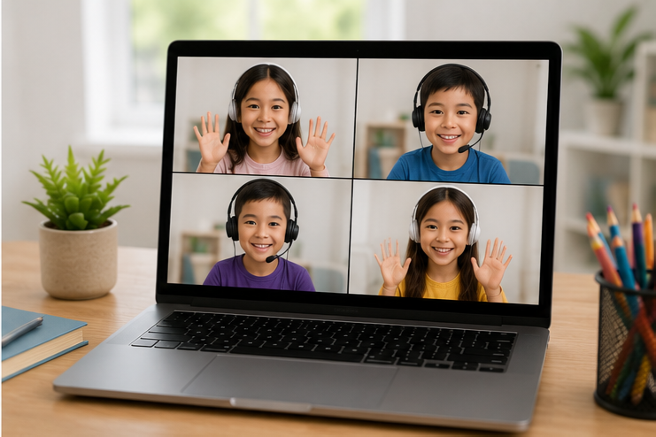 Diverse young English learners participating in an engaging online ESL lesson through a virtual classroom platform. Diverse young English learners participating in an engaging online ESL lesson through a virtual classroom platform.