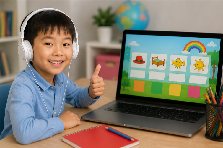 Young ESL student completing interactive English learning activities on a laptop during an online lesson. Young ESL student completing interactive English learning activities on a laptop during an online lesson.